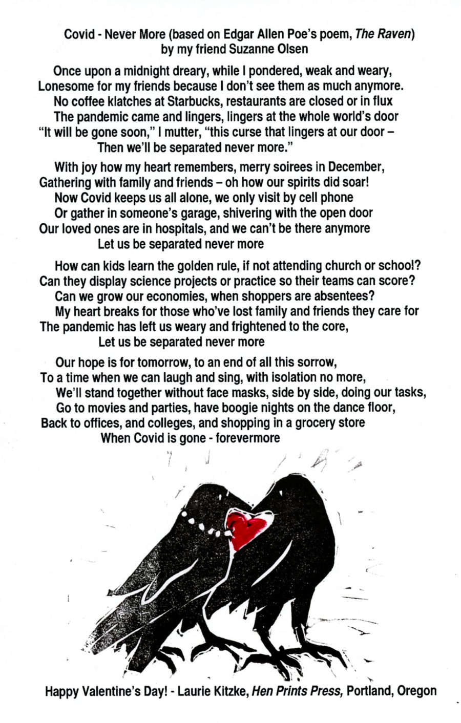 The Covid poem based on Poe's "Nevermore" with Laurie's print of two crows with a heart between them
